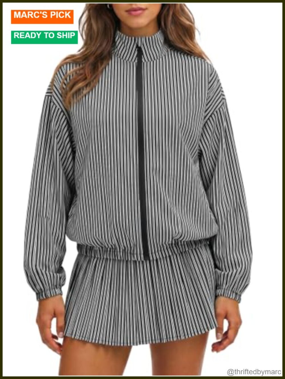 Womens Striped Tennis 2 Piece Outfit Jacket Pleated Skirt Set